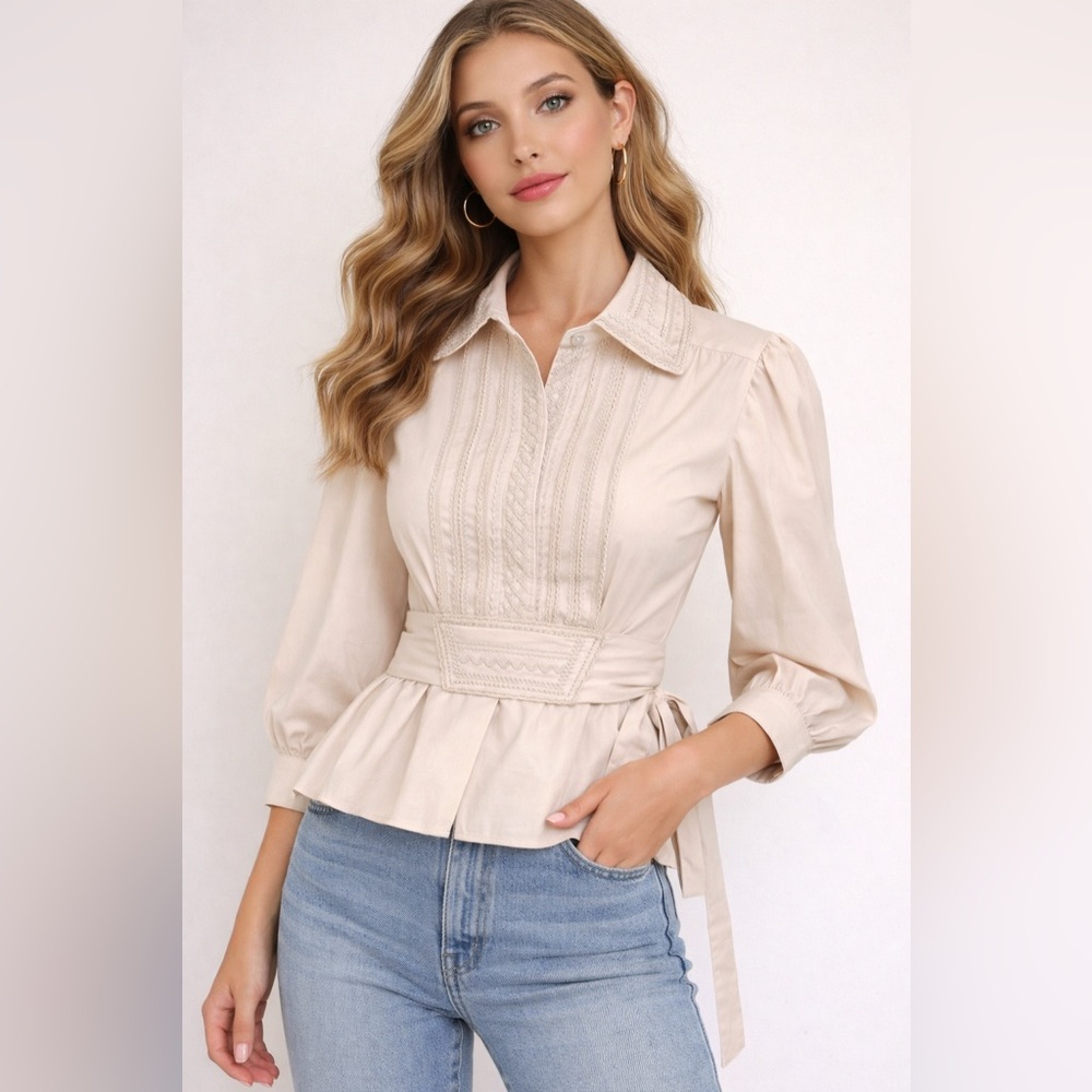 Robert Rodriguez Embroidered Pintuck Blouse Corset Waist Peplum Top Cream Size 6